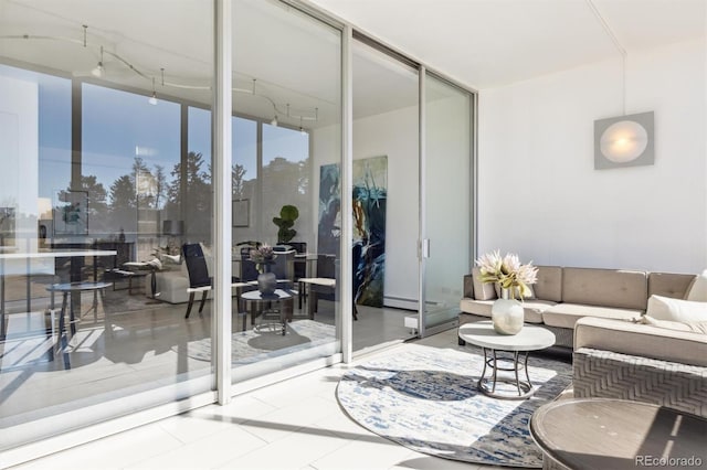 living area featuring a wall of windows