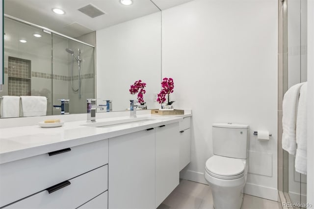 bathroom featuring recessed lighting, visible vents, toilet, a shower stall, and vanity