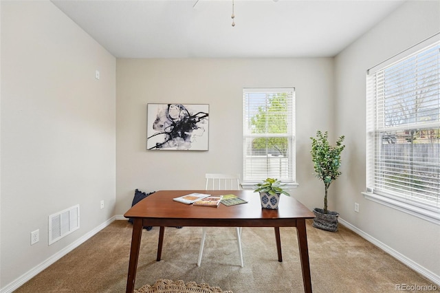 office space with a healthy amount of sunlight, light carpet, and visible vents