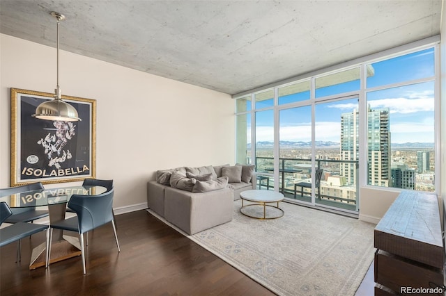 living room featuring expansive windows and dark wood-type flooring