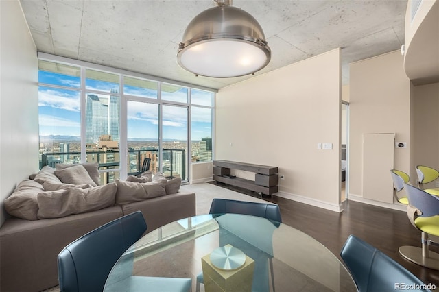 living room with a wall of windows and dark hardwood / wood-style flooring