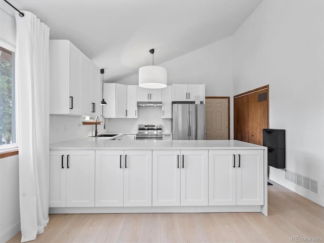 14 Aspen Dr, Bailey, CO 80421 - kitchen with appliances with stainless steel finishes, a sink, vaulted ceiling, a peninsula, and light countertops