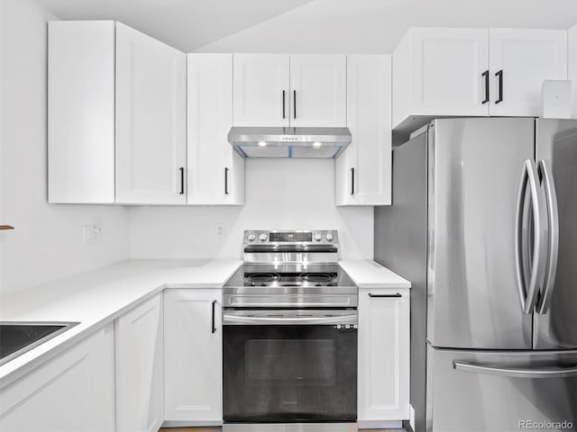 14 Aspen Dr, Bailey, CO 80421 - kitchen featuring appliances with stainless steel finishes, under cabinet range hood, white cabinetry, and light countertops