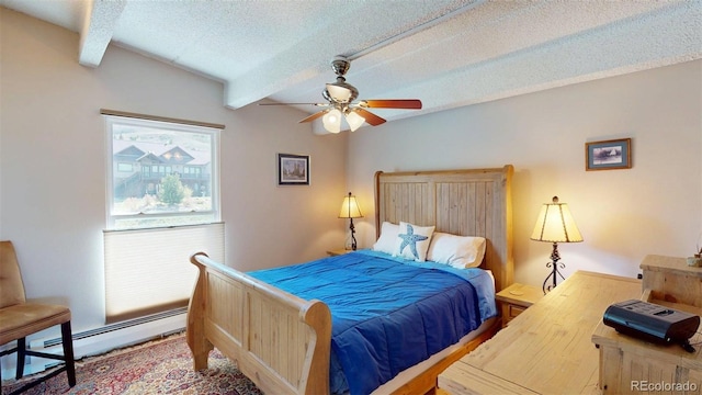 512 Tenderfoot St Unit 143, Dillon, CO 80435 - bedroom featuring beam ceiling, baseboard heating, a textured ceiling, and ceiling fan