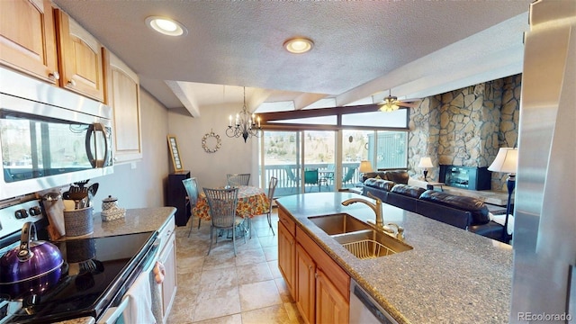 512 Tenderfoot St Unit 143, Dillon, CO 80435 - kitchen with stainless steel appliances, a sink, a ceiling fan, a chandelier, and a textured ceiling