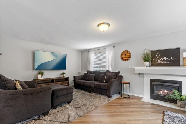 19935 E Stanford Dr, Centennial, CO 80015 - living area featuring wood finished floors, a fireplace, and baseboards