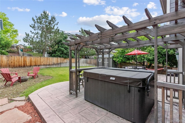19935 E Stanford Dr, Centennial, CO 80015 - view of patio / terrace with an outdoor fire pit, a pergola, and a hot tub
