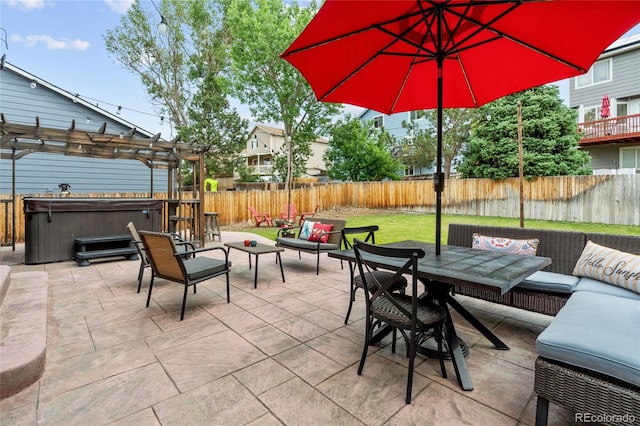19935 E Stanford Dr, Centennial, CO 80015 - fenced backyard with a hot tub, an outdoor living space, a pergola, and a patio area