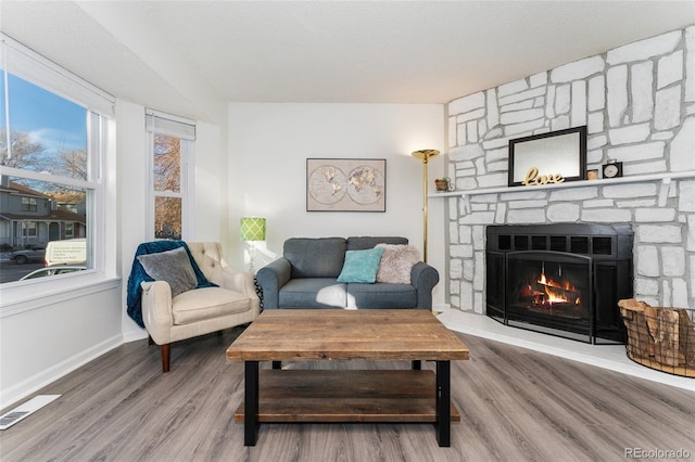 living room with hardwood / wood-style flooring and a stone fireplace