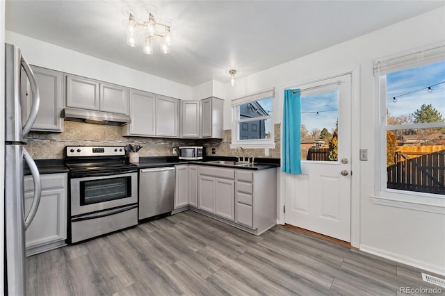 kitchen with tasteful backsplash, gray cabinets, stainless steel appliances, and hardwood / wood-style flooring