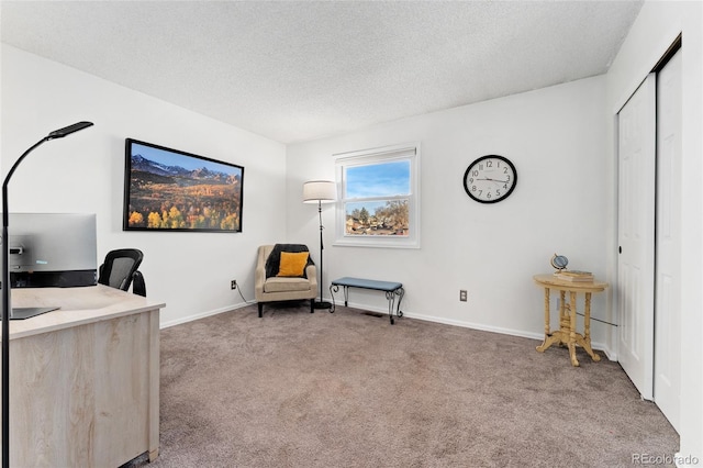 carpeted office space featuring a textured ceiling