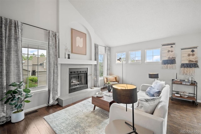 4882 W 68th Ave Unit 4, Westminster, CO 80030 - living room featuring lofted ceiling, a fireplace with raised hearth, wood finished floors, and baseboards