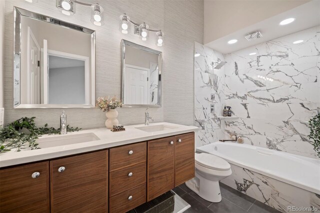 4882 W 68th Ave Unit 4, Westminster, CO 80030 - full bath with double vanity, toilet, tile patterned flooring, and a combined bath / shower with marble appearance