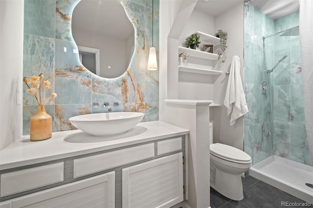 4882 W 68th Ave Unit 4, Westminster, CO 80030 - bathroom featuring tasteful backsplash, tile patterned flooring, a stall shower, and toilet