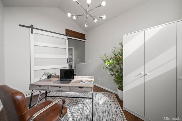 4882 W 68th Ave Unit 4, Westminster, CO 80030 - office area featuring dark wood finished floors, a barn door, lofted ceiling, a chandelier, and baseboards