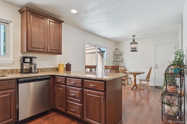 4750 S Dudley St Unit 21, Littleton, CO 80123 - kitchen with dishwasher, healthy amount of natural light, dark wood-style flooring, a peninsula, and recessed lighting