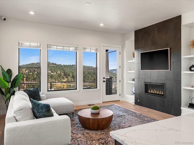 living room featuring plenty of natural light, hardwood / wood-style floors, built in features, and a fireplace