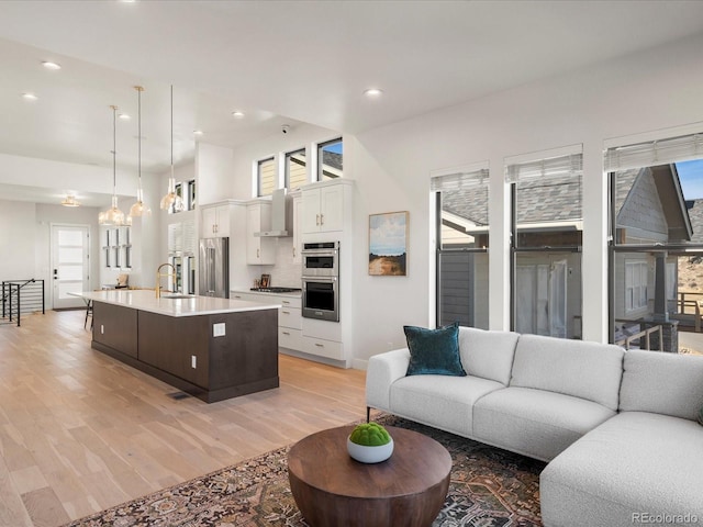 living room featuring sink and light wood-type flooring