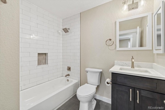 11840 Elkhorn Dr, Franktown, CO 80116 - full bath with vanity, toilet, bathtub / shower combination, a textured wall, and tile patterned flooring