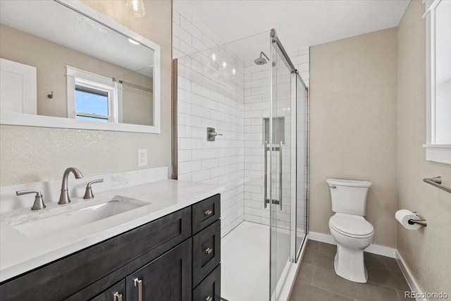 11840 Elkhorn Dr, Franktown, CO 80116 - full bathroom with toilet, vanity, a stall shower, tile patterned flooring, and baseboards