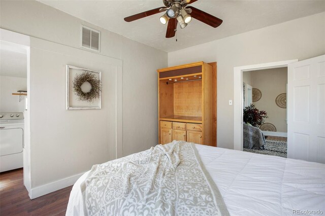 112 S Limit St, Colorado Springs, CO 80905 - bedroom featuring visible vents, baseboards, a ceiling fan, wood finished floors, and washer / dryer