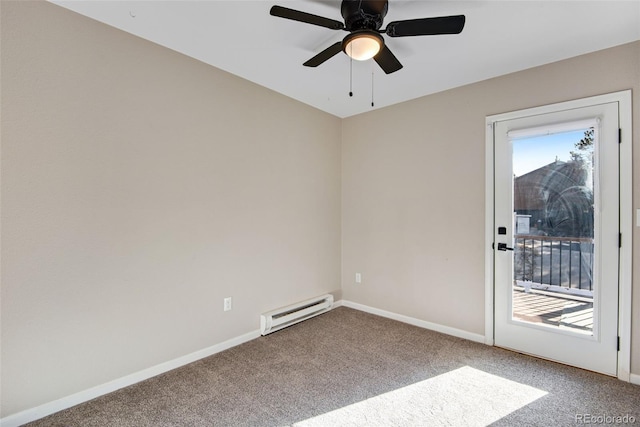 carpeted empty room featuring ceiling fan and a baseboard radiator