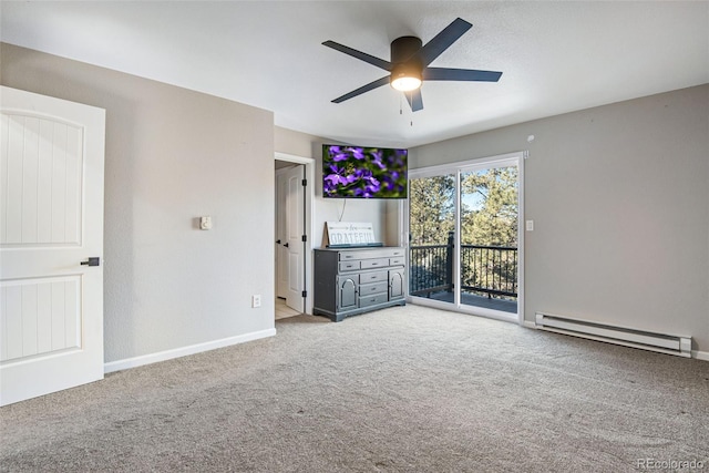 interior space with access to exterior, ceiling fan, a baseboard radiator, and light carpet