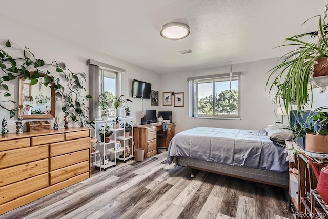 bedroom with a textured ceiling, multiple windows, wood finished floors, and visible vents