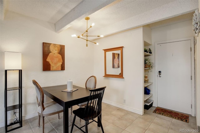 dining room featuring baseboards, light tile patterned flooring, a textured ceiling, beamed ceiling, and a notable chandelier