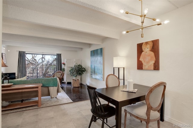 dining area featuring light tile patterned floors, baseboards, beam ceiling, a textured ceiling, and a notable chandelier