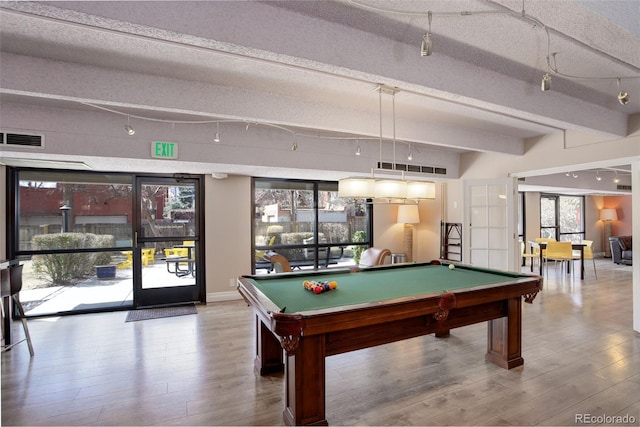 recreation room featuring visible vents, beam ceiling, wood finished floors, pool table, and baseboards