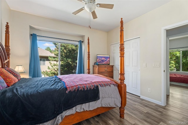 bedroom featuring ceiling fan and hardwood / wood-style floors