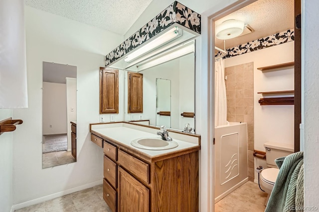 bathroom with curtained shower, a textured ceiling, vanity, and toilet