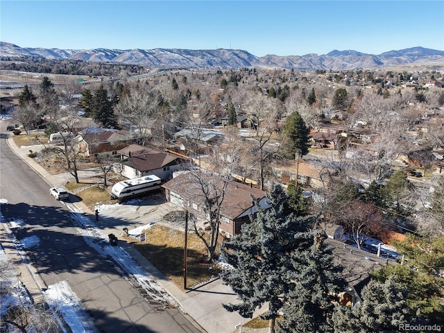 drone / aerial view featuring a mountain view