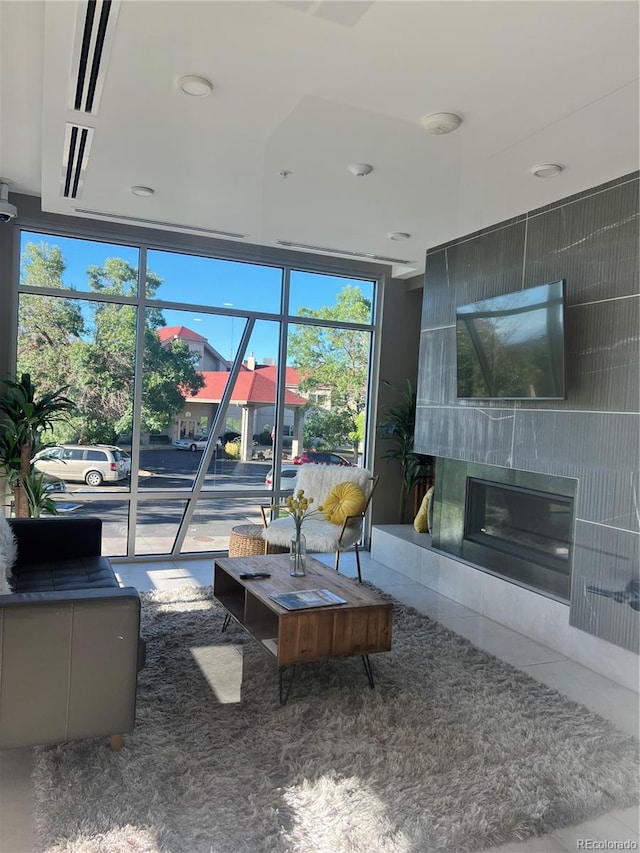 living room featuring tile patterned flooring