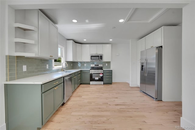 kitchen featuring light wood-type flooring, stainless steel appliances, white cabinetry, sink, and tasteful backsplash