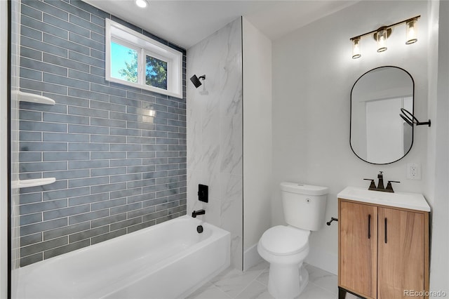 full bathroom with tiled shower / bath, toilet, and vanity