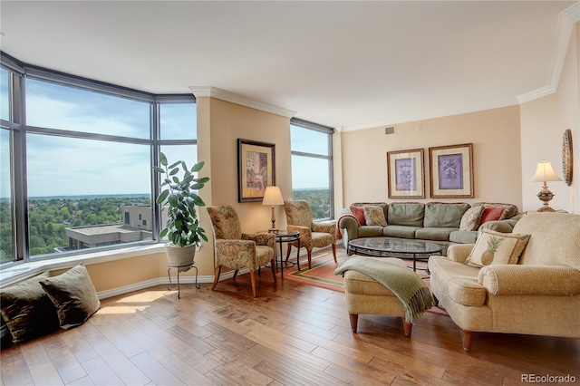 8100 E Union Ave Unit 1502, Denver, CO 80237 - living area with ornamental molding, wood finished floors, floor to ceiling windows, and baseboards