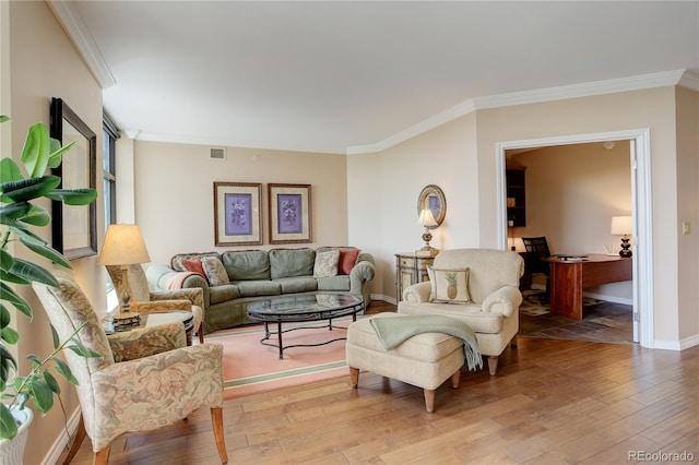 8100 E Union Ave Unit 1502, Denver, CO 80237 - living room with wood-type flooring, ornamental molding, and baseboards