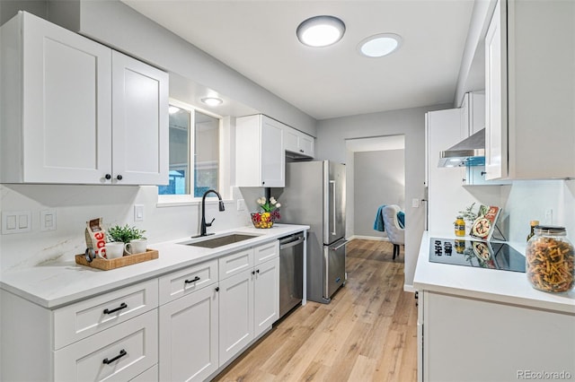 kitchen featuring stainless steel dishwasher, black electric stovetop, sink, and white cabinetry