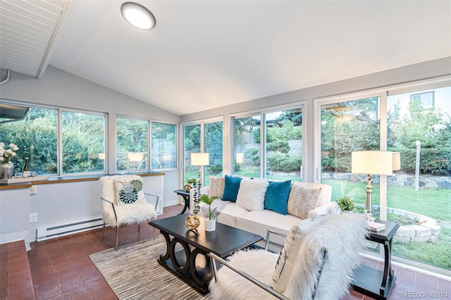 sunroom with baseboard heating, plenty of natural light, and vaulted ceiling