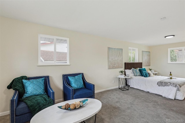 carpeted bedroom featuring baseboards and multiple windows