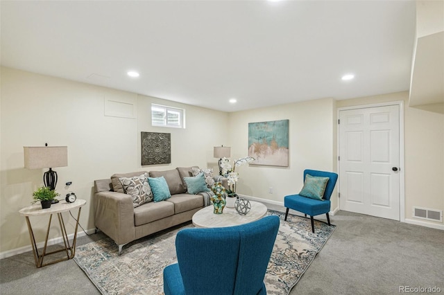 living room with recessed lighting, baseboards, visible vents, and carpet
