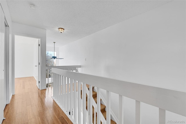 hall with light hardwood / wood-style flooring and a textured ceiling