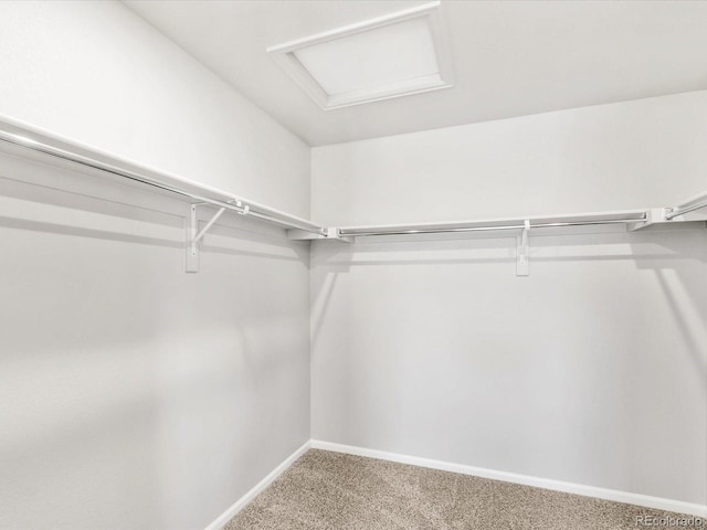 spacious closet with attic access and light carpet