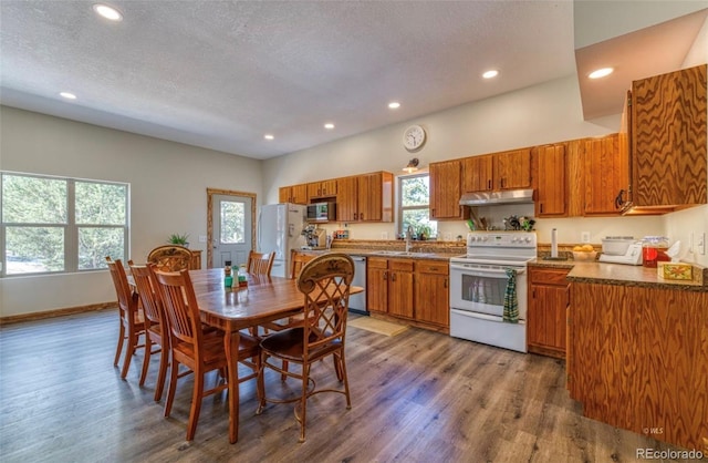 1443 Sangre Dr, Westcliffe, CO 81252 - kitchen featuring stainless steel appliances, under cabinet range hood, brown cabinetry, recessed lighting, and wood finished floors