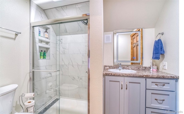 1443 Sangre Dr, Westcliffe, CO 81252 - bathroom with toilet, a shower stall, and a textured wall