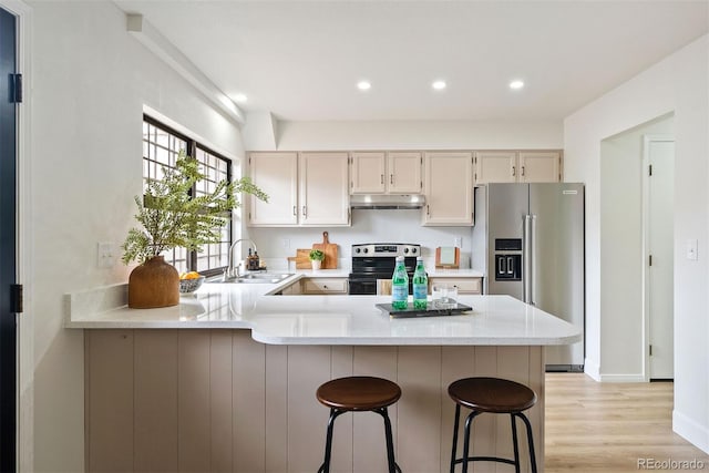 kitchen featuring a peninsula, a breakfast bar, stainless steel appliances, under cabinet range hood, and a sink