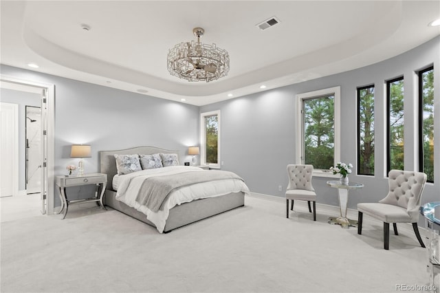 bedroom featuring a raised ceiling and light carpet