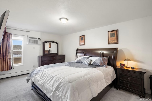 bedroom with baseboard heating, light carpet, and an AC wall unit